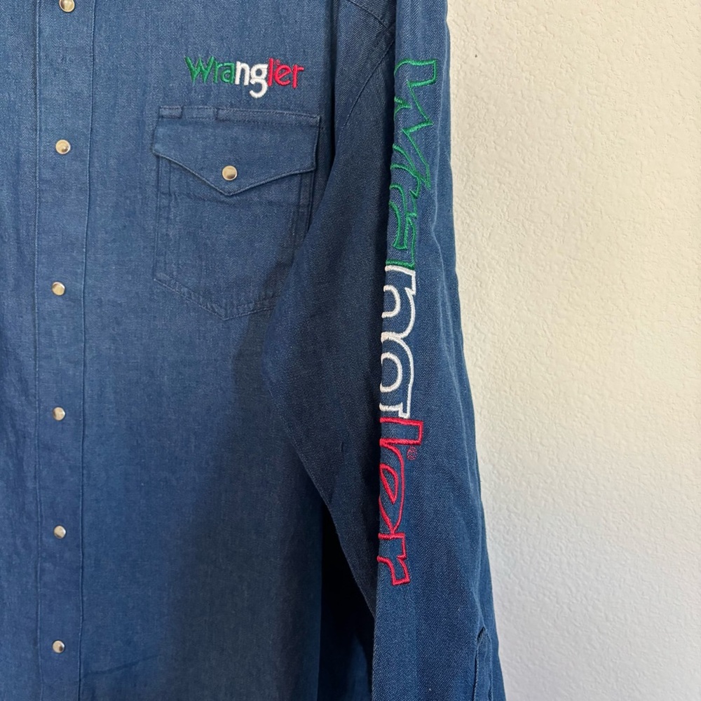 Wrangler Mens Logo Mexican Denim Western Snap Shirt - Picture 5 of 9